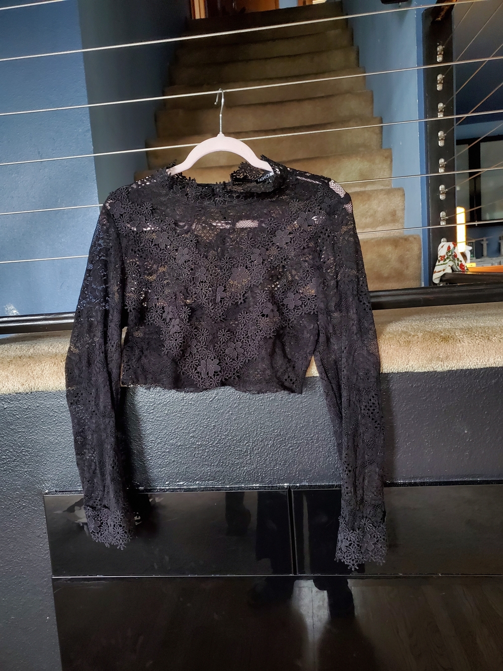 Fashion Nova Black Lace Long-Sleeve Cropped Blouse